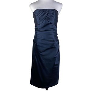 Bill Levkoff Navy Blue Satin Strapless Ruched Bridesmaid Formal Dress Women's 10